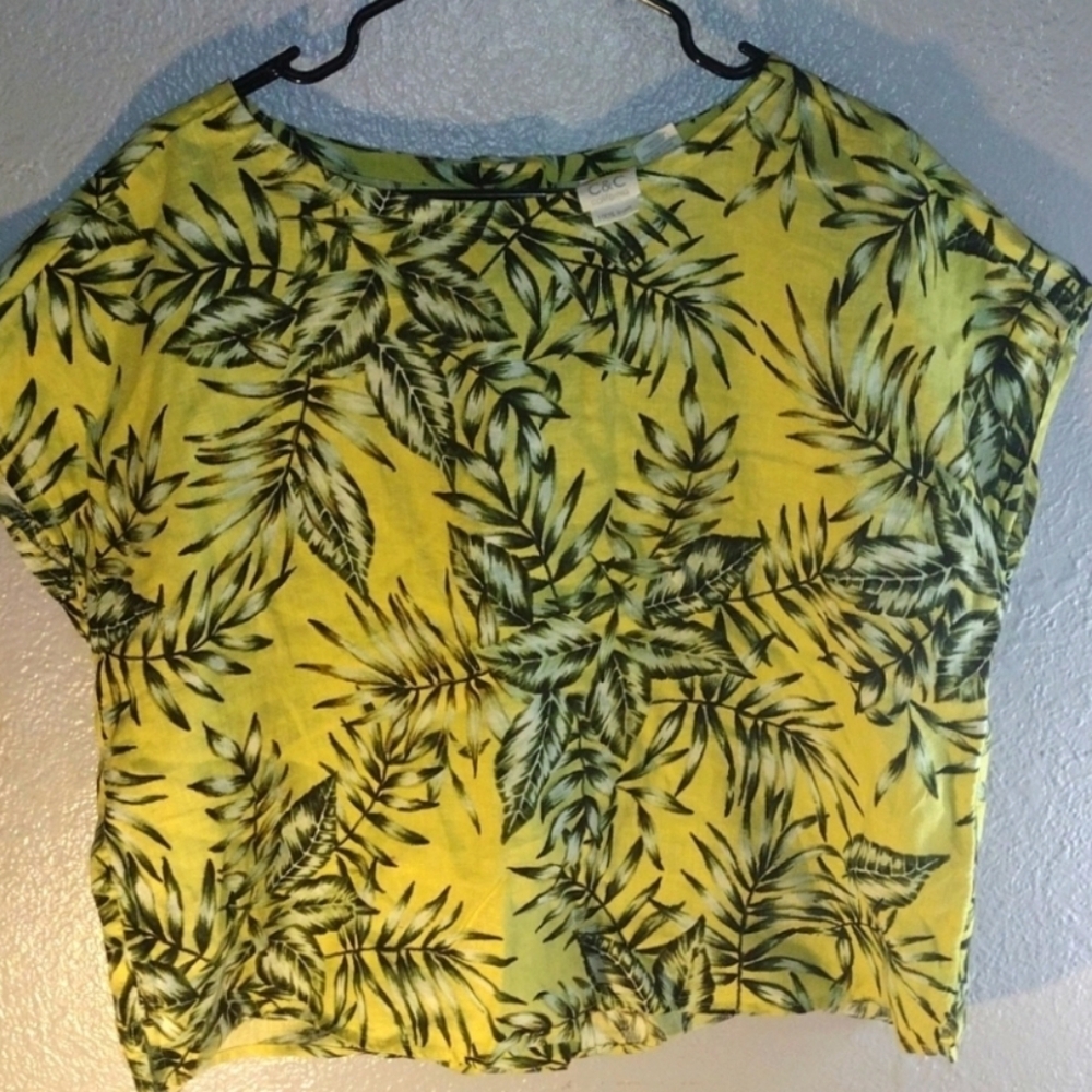 C&C California Yellow and Green Leaf Print Blouse
